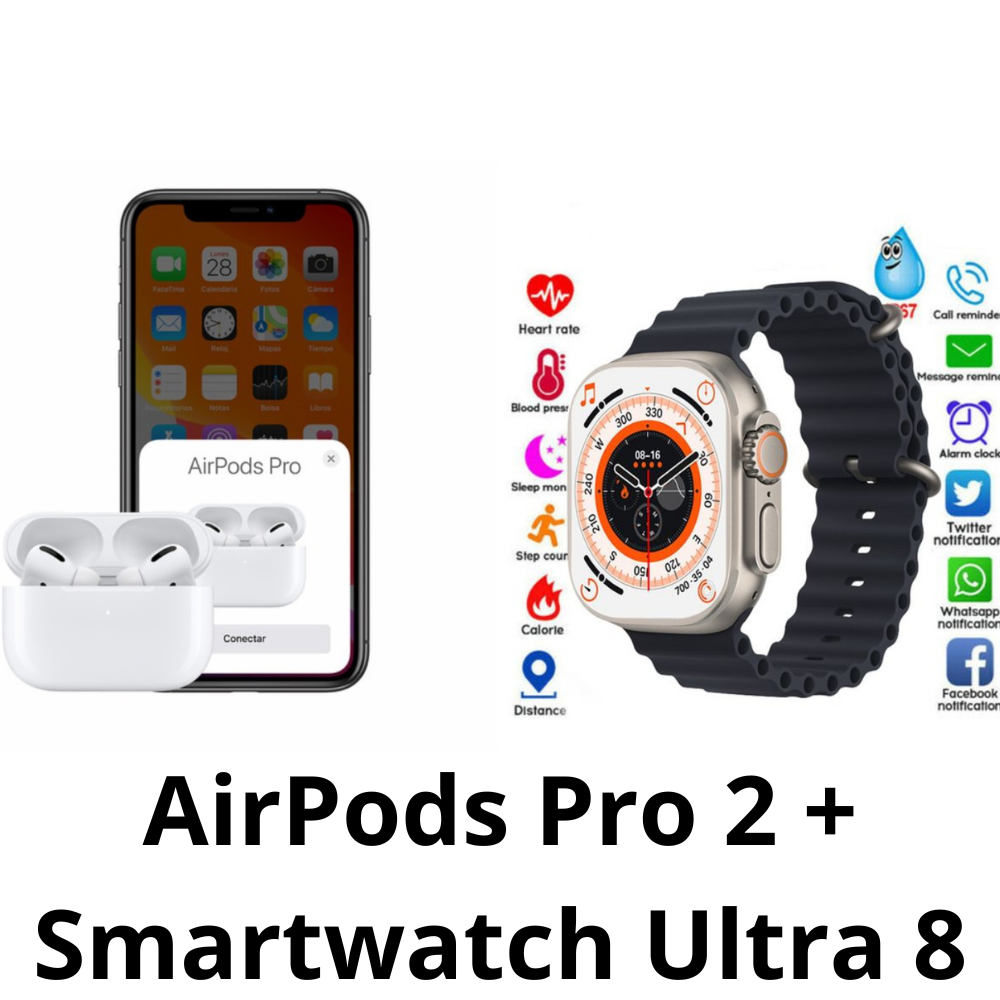 Airpods Pro 2 2023 Control de Ruido Tactil Aaa + Smartwatch T800 Ultra 8 Doble Manillas Pulso (1)